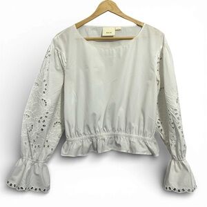 Mauve White Embroidered Sleeve Lace Ruffed Blouse Small